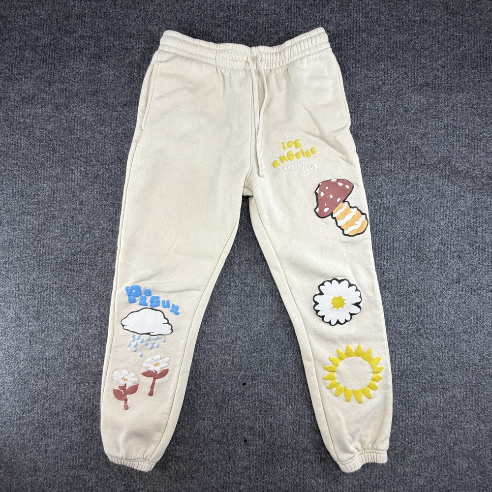 PacSun Pants Womens Small Beige Los Angeles Garden Club Fleece Sweatpants Floral